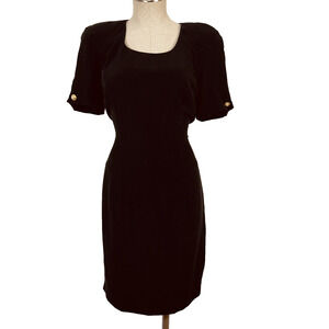 Vintage YL Black 100% Silk Knee Length Short Sleeve Sheath Dress Tag Size 10